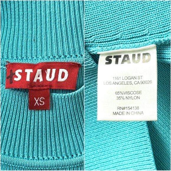 STAUD 90s Turquoise Rib Knit Mockneck Heart Cutout Long Sleeve Slim Fit Top XS - Picture 11 of 12